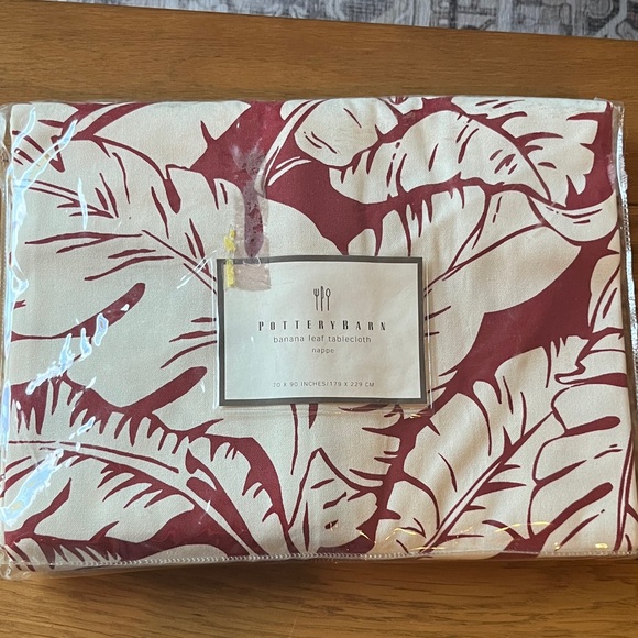 New Pottery Barn Crimson and Cream Banana Leaf Tablecloth - Picture 1 of 6